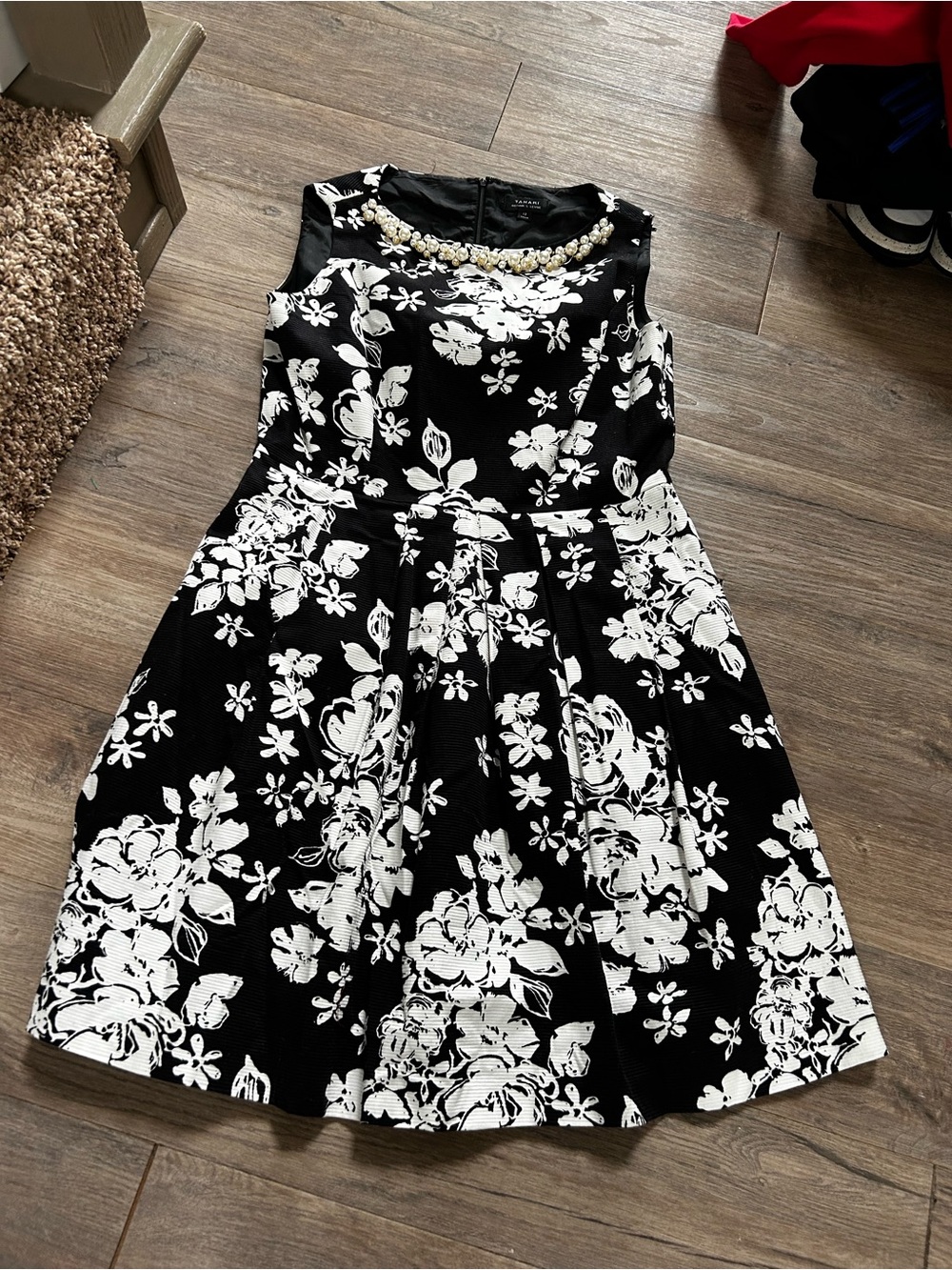 Tahari Black and White Floral Fit-and-Flare Dress